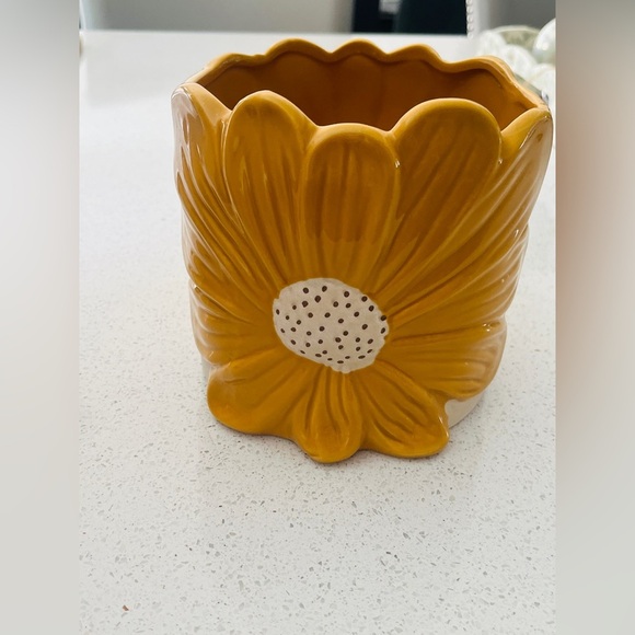 Yellow and White Flower pot with Textured Accents - Picture 4 of 6